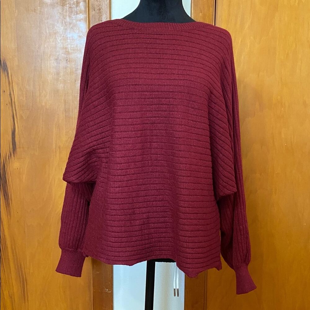 JODIFL Deep Red Textured Knit Bat Wing Cropped Sweater Top 3/4 Sleeves Crew Neck